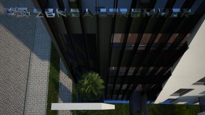 widok z góry na balkon typu żyleta i stalowy marker budynku / a view from above on the razor type balcony & the steel name shield.