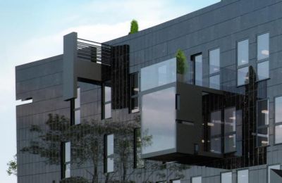 ZENGA Strommer - detal: charakterystyczne firmowe balkony typu szczęka i akwarium / detail: characteristic balcony jaws & aquarium type.