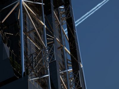 zewnętrzne ultraszybkie windy komunikujące ostatnie piętra / outer ultra fast lifts for last floors only.