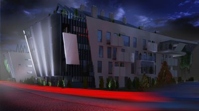 Widok sugestywnie podświetlonego budynku / A view of the lightining of the  building.
